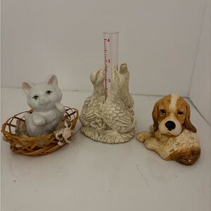 Vintage Pet Figurine Set - White Cat, Cream Dog, and Tan Basket